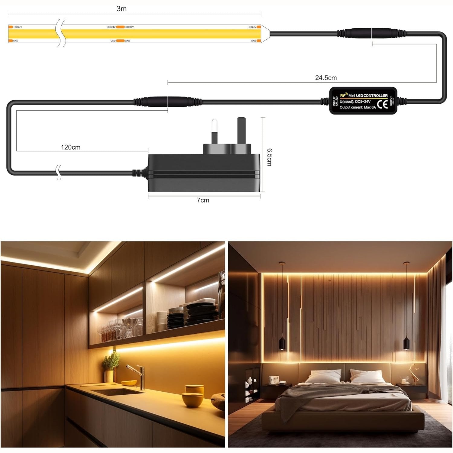 TTWAY COB LED Strip Lights 2700K, Dimmable LED Strip Kit, Super Bright 24V LED Tape Lights CRI90+ with RF Remote and UKCA Power Supply for DIY Home Decoration, 3M, 1440LEDs, Warm White.