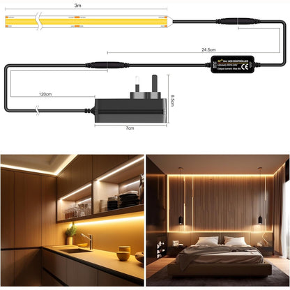 TTWAY COB LED Strip Lights 2700K, Dimmable LED Strip Kit, Super Bright 24V LED Tape Lights CRI90+ with RF Remote and UKCA Power Supply for DIY Home Decoration, 3M, 1440LEDs, Warm White.