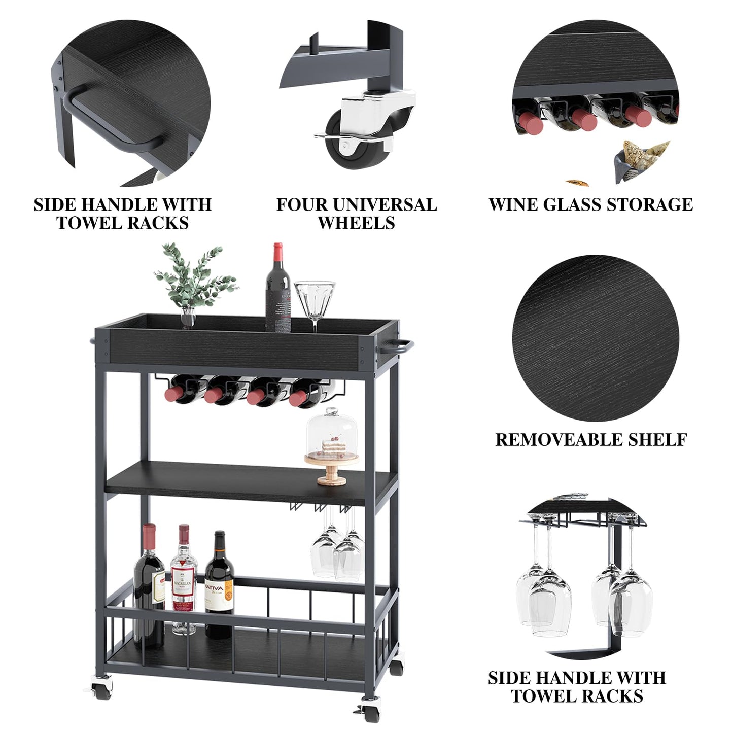 Carucior servire Huhote elegant 3 rafturi, suport sticle, negru