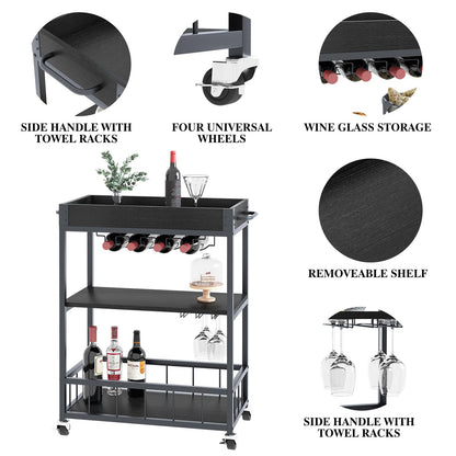 Carucior servire Huhote elegant 3 rafturi, suport sticle, negru