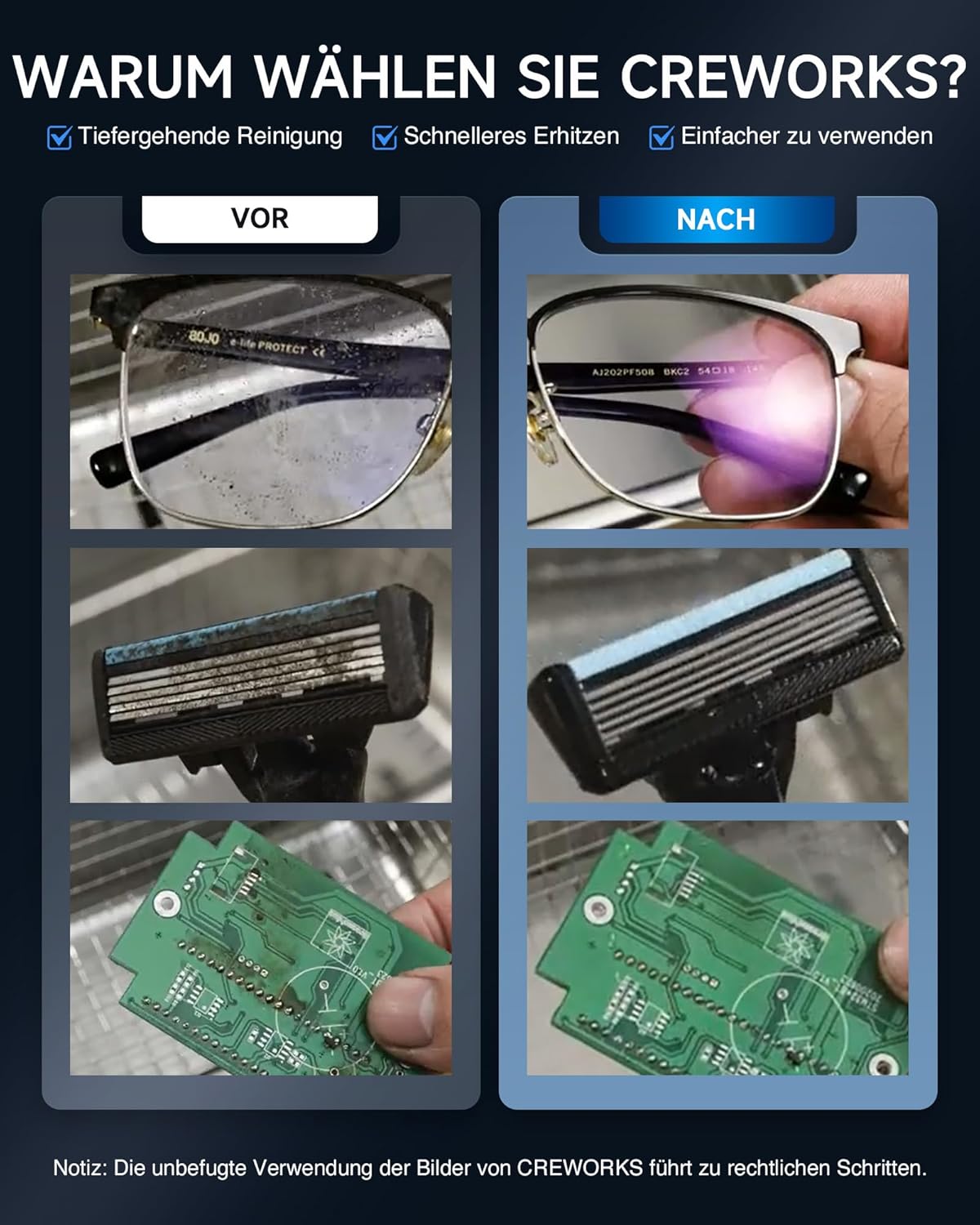 CREWORKS Ultrasonic Cleaning Device Stainless Steel 1.3 L Ultrasonic Cleaner with Heating Timer Ultrasonic Cleaner for Dentures Jewellery Glasses Watches Glasses Ultrasonic Cleaning Device with