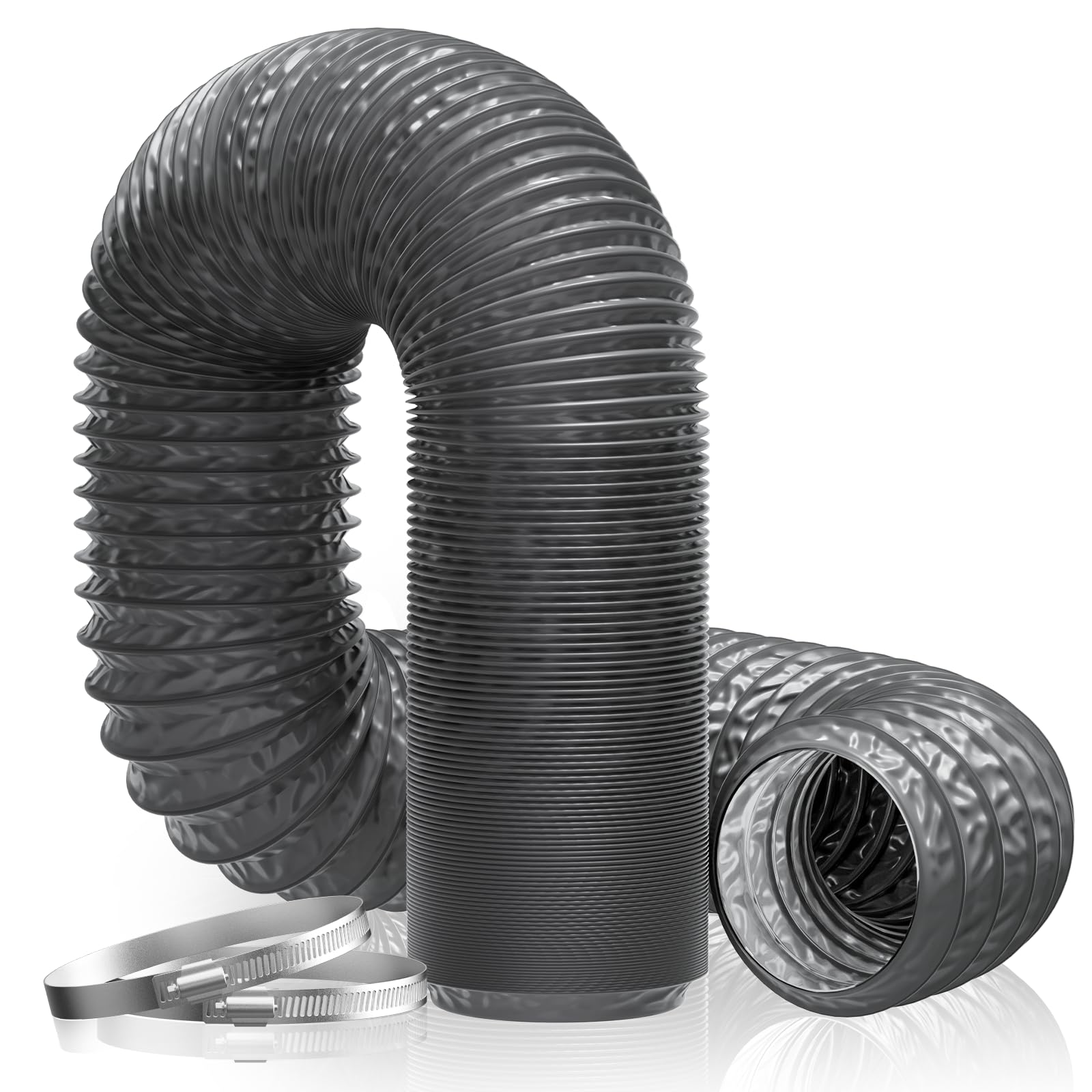 Hon&Guan Diameter 100 mm Exhaust Hose, 5 m PVC Aluminium Pipe, Flex Hose, Exhaust Pipe with 2 Hose Clamps, Stainless Steel, Mobile Air Conditioning, Dryer, Exhaust Fan, Extractor Hood, Ventilation