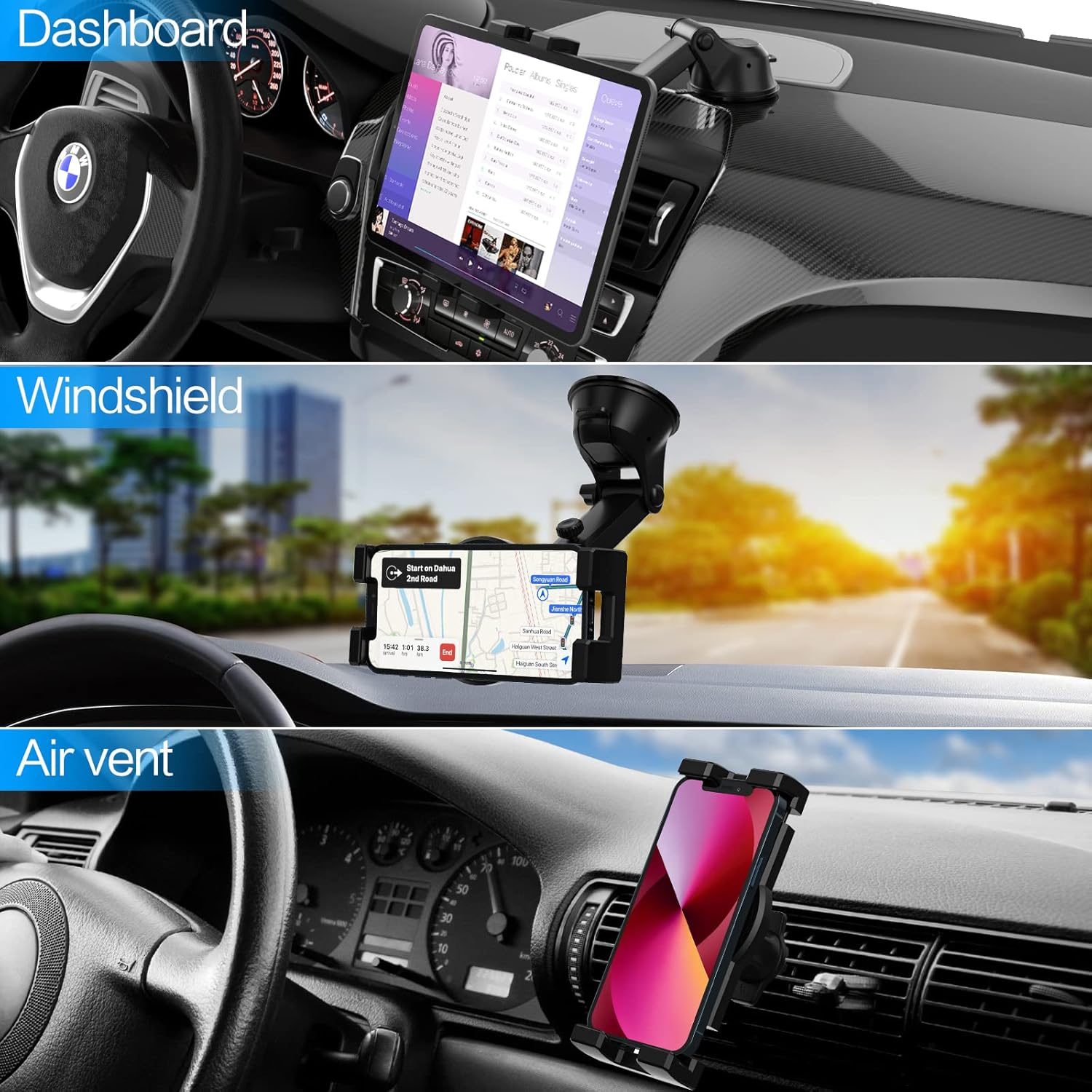 Oilcan Autohalterung 3 in 1 Tablet Halterung Saugnapf, KFZ Lüftung Armaturenbrett Windschutzscheibe Tablet Halter für iPad mini Air Pro, iPhone, Samsung Galaxy, Fire, 4-12.9" Handys und Tablets