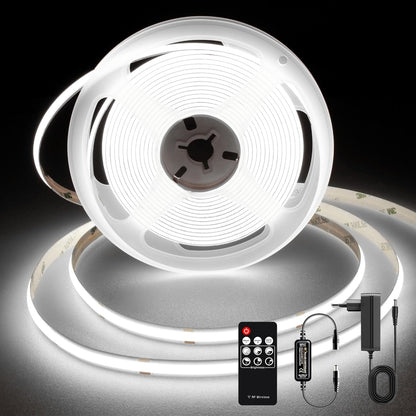 TTWAY COB LED Strip 2 m, 6000 K Daylight LED Strip with Power Supply and Remote Control, DC24 V, 480LEDs/M, CRI 90+, 8 mm Width, Dimmable LED Strips for Room Decoration
