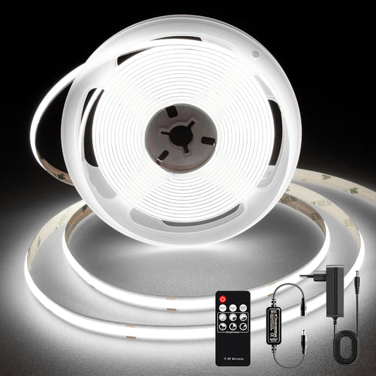 TTWAY COB LED Strip 2 m, 6000 K Daylight LED Strip with Power Supply and Remote Control, DC24 V, 480LEDs/M, CRI 90+, 8 mm Width, Dimmable LED Strips for Room Decoration