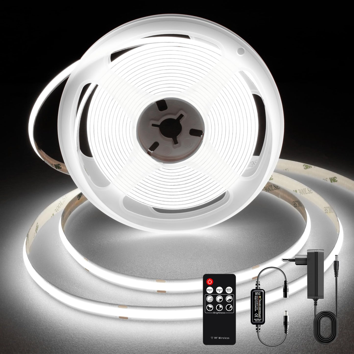 TTWAY COB LED Streifen Kaltweiß 6000K, 5M Dimmbares Flexibles 24V COB LED Streifen Licht set, 480 LEDs/M, GS Netzteil, mit RF Fernbedienung, CRI90+ helles Unterbaulicht für Fernseher, DIY Dekoration