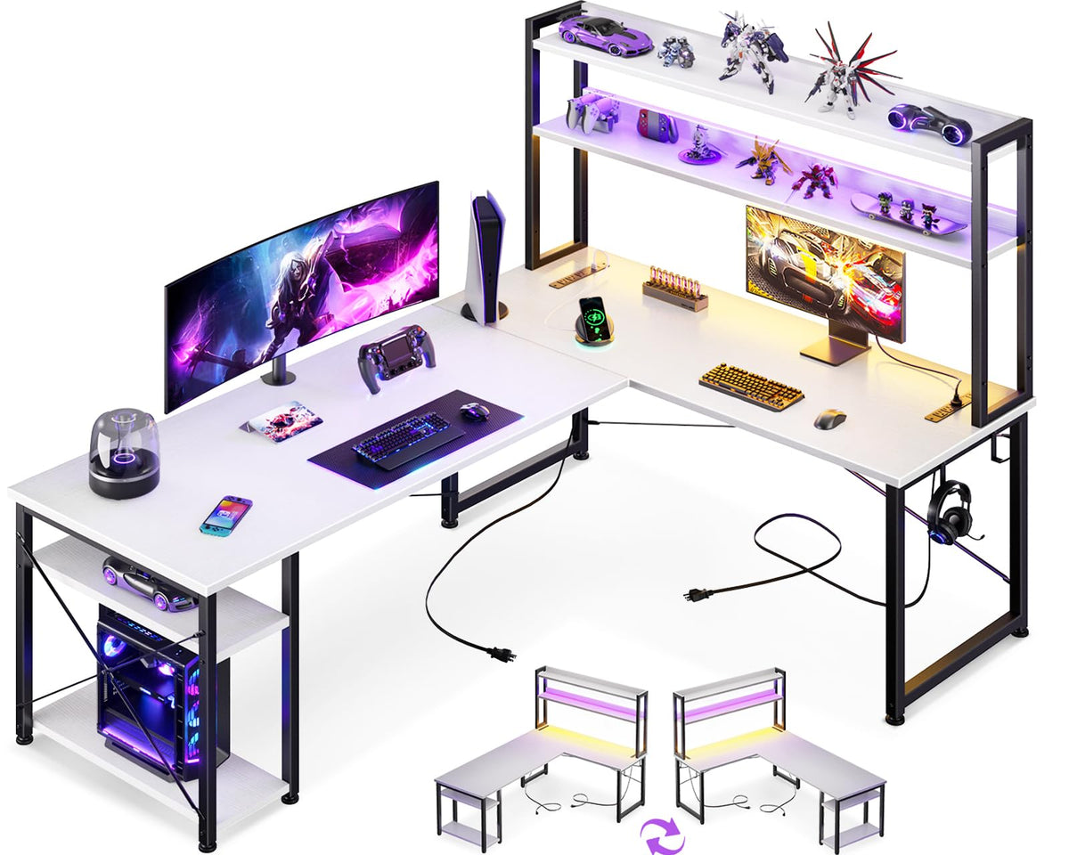 Birou gaming ODK L-shape LED 168x120 cm alb cu prize USB