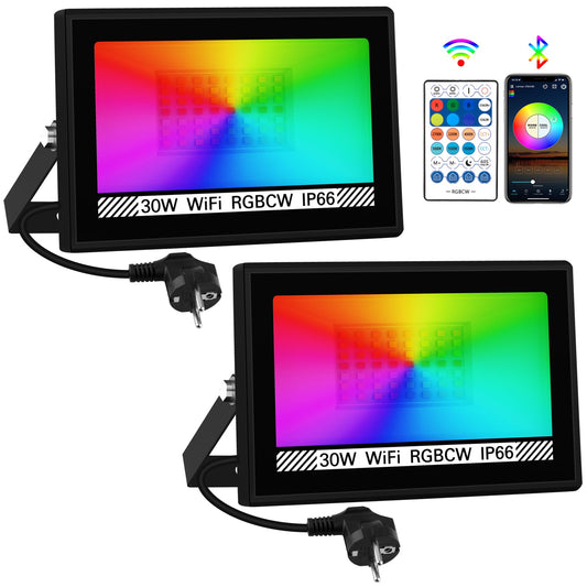 Set Proiectoare LED RGB 30W interior/exterior, WiFi/Bluetooth T-SUNUS, IP66, 2 buc