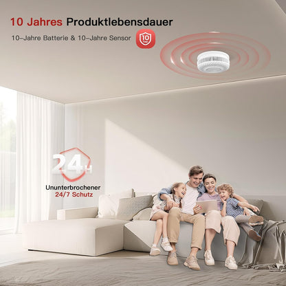 PHYSEN Smart Smoke Detector WLAN 10 Year Battery, Smoke Alarm with Photoelectric Sensor, Fire Detector Complies with TÜV Rheinland & EN14604 Certified, Compatible with Tuya/Smart Life App, Pack of 6