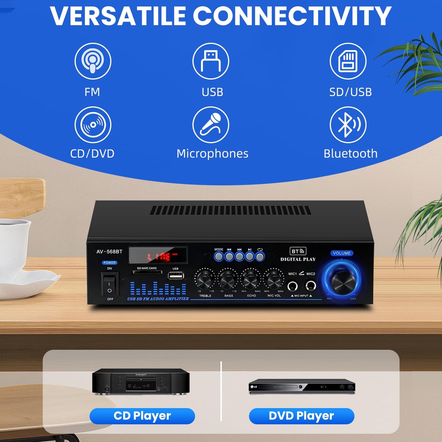 1000 W Mini Amplifier Hi-Fi Bluetooth 5.0 RMS 2 x 60 W Speaker 2 Channel Stereo Amplifier, Portable FM Radio, SD Card/USB Input/FM Radio, for Home Speakers or Your Car