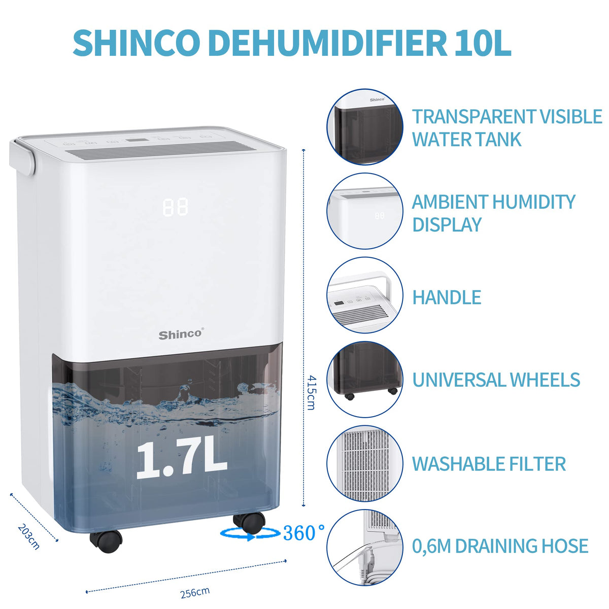 Dezumidificator Shinco 10Lzi Display digital, drenaj continuu