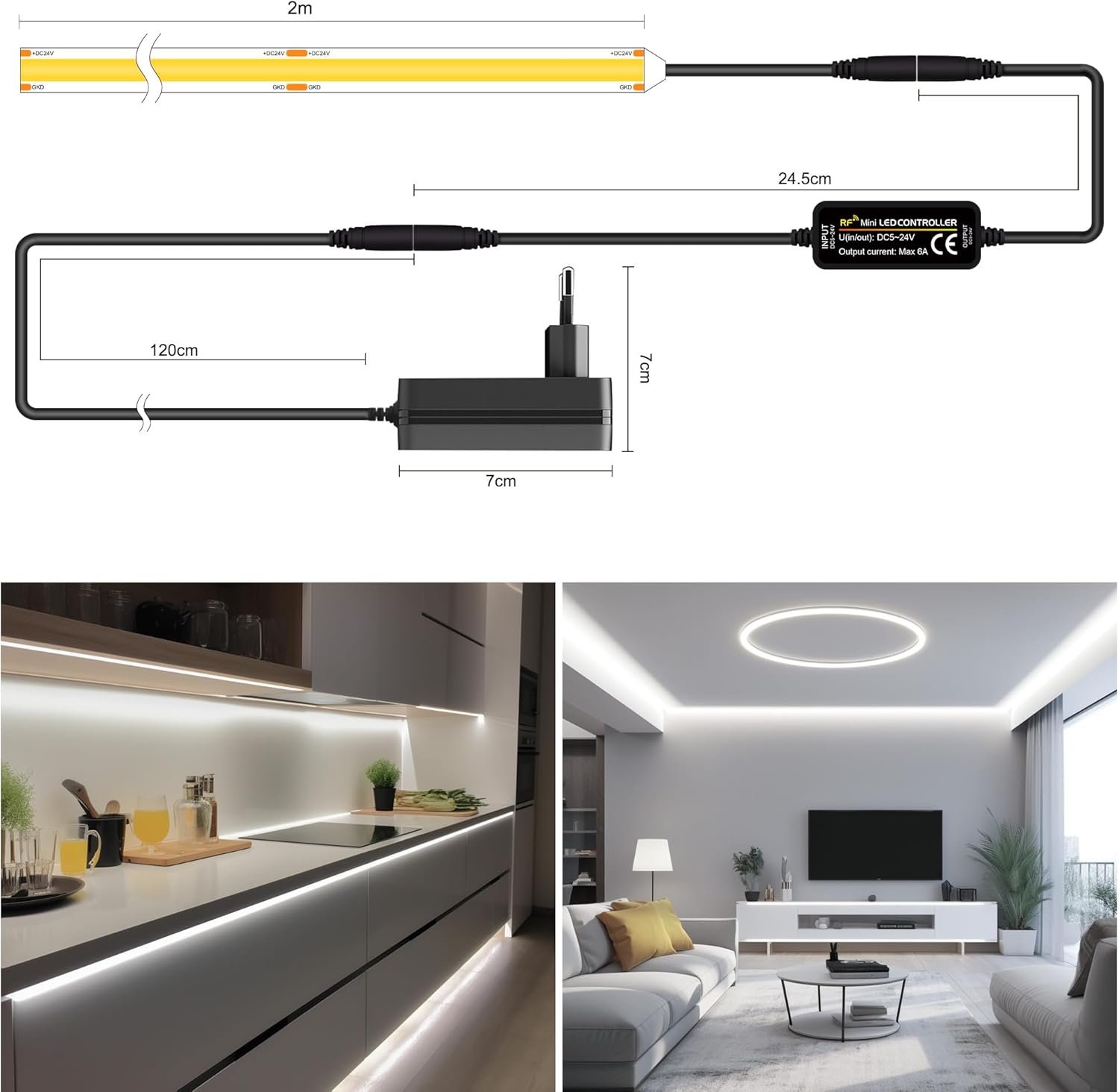 TTWAY COB LED Strip 2 m, 6000 K Daylight LED Strip with Power Supply and Remote Control, DC24 V, 480LEDs/M, CRI 90+, 8 mm Width, Dimmable LED Strips for Room Decoration