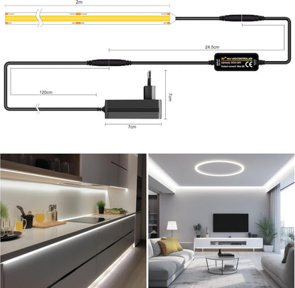 TTWAY COB LED Strip 2 m, 6000 K Daylight LED Strip with Power Supply and Remote Control, DC24 V, 480LEDs/M, CRI 90+, 8 mm Width, Dimmable LED Strips for Room Decoration