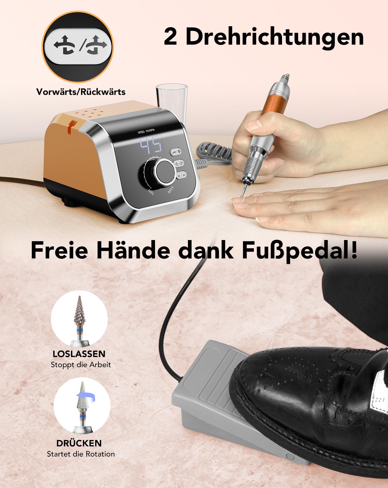Freza unghii HOMEASY 45000 RPM cu pedala wireless si display LCD