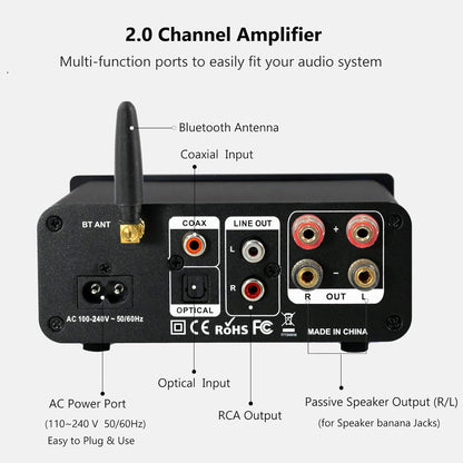 LONPOO Mini Bluetooth HiFi Amplifier 200 W with Remote Control, Optical, Coax, USB, AUX Input, 2 Channel Audio L/R Output for Speaker Cable (AMP-615)