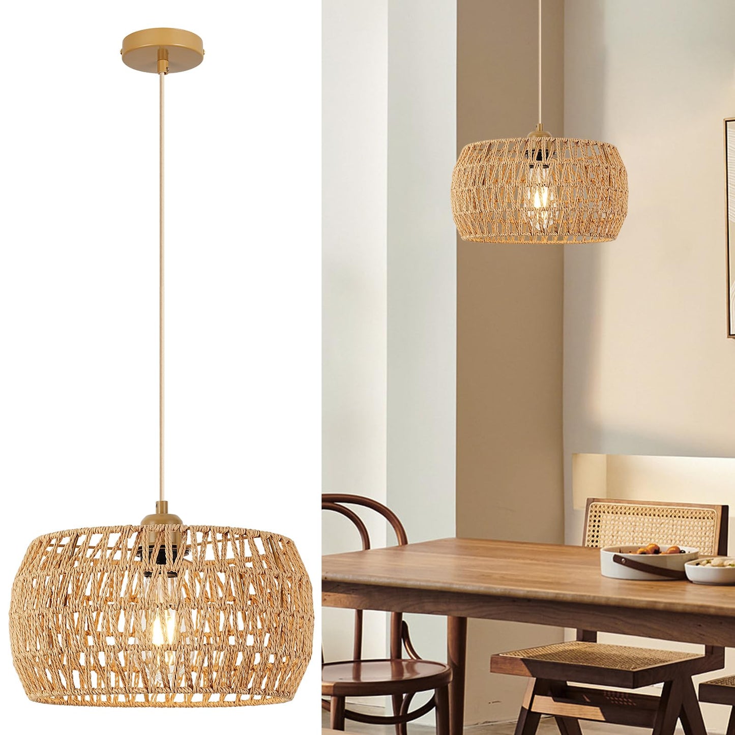 Lampa Pendul rattan E27 Ø32cm + Generic + stil boho vintage, lumina calda