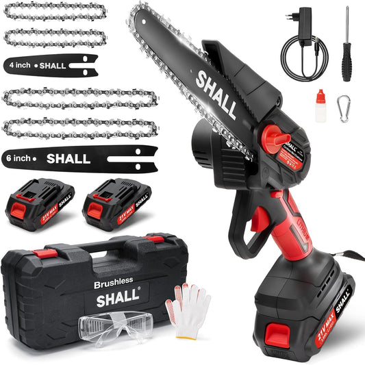 SHALL Portable Mini Chainsaw, Brushless Motor 21 Volt, 2 Fast Charge Batteries, 4 Chains, Cut Branches, Gardening, Best Choice for Husband, Dad, Wood DIY Lovers