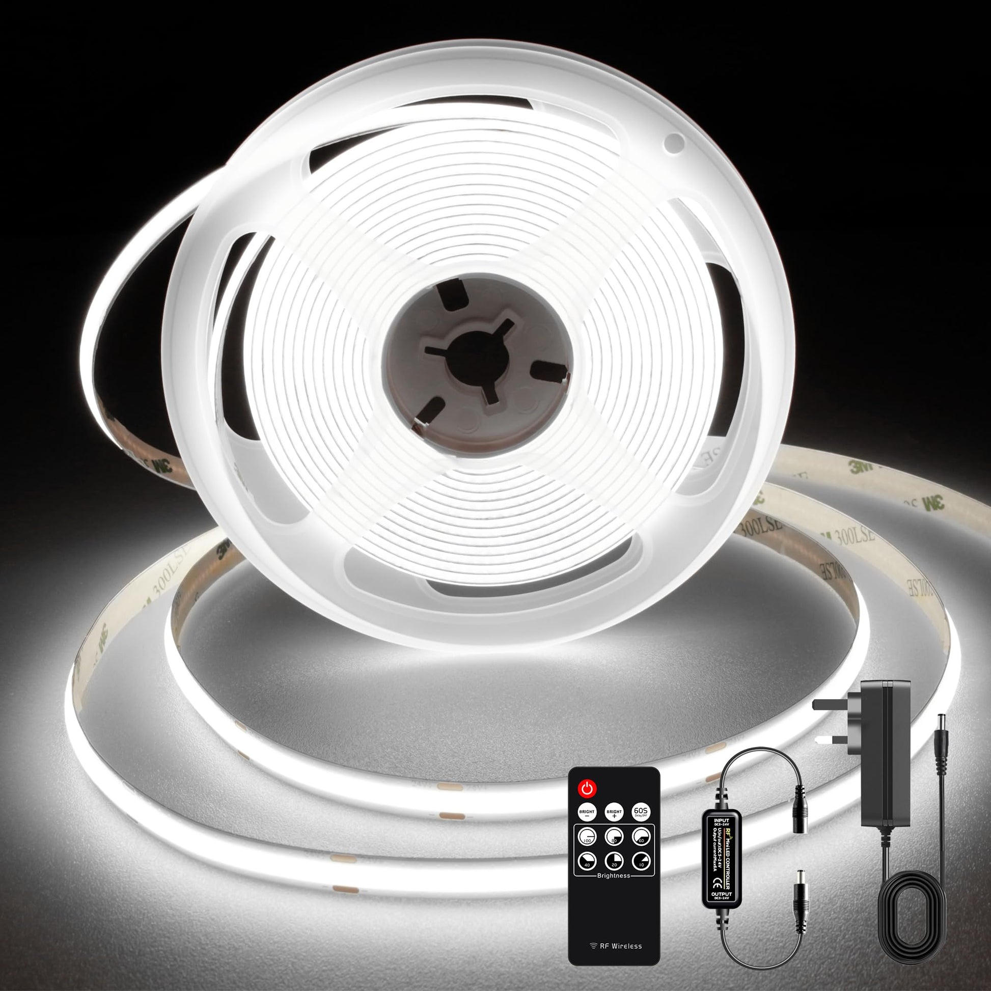 TTWAY COB LED Strip Lights 2700K, Dimmable LED Strip Kit, Super Bright 24V LED Tape Lights CRI90+ with RF Remote and UKCA Power Supply for DIY Home Decoration, 3M, 1440LEDs, Warm White.
