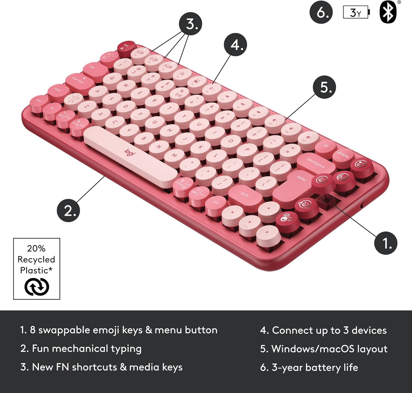 Logitech POP Keys Mechanical Wireless Keyboard with Customisable Emoji Keys, Durable Compact Design, Bluetooth or USB Connectivity, Multi-Device, OS Compatible - Heartbreaker