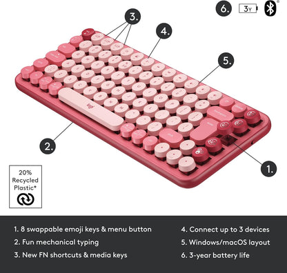 Logitech POP Keys Mechanical Wireless Keyboard with Customisable Emoji Keys, Durable Compact Design, Bluetooth or USB Connectivity, Multi-Device, OS Compatible - Heartbreaker