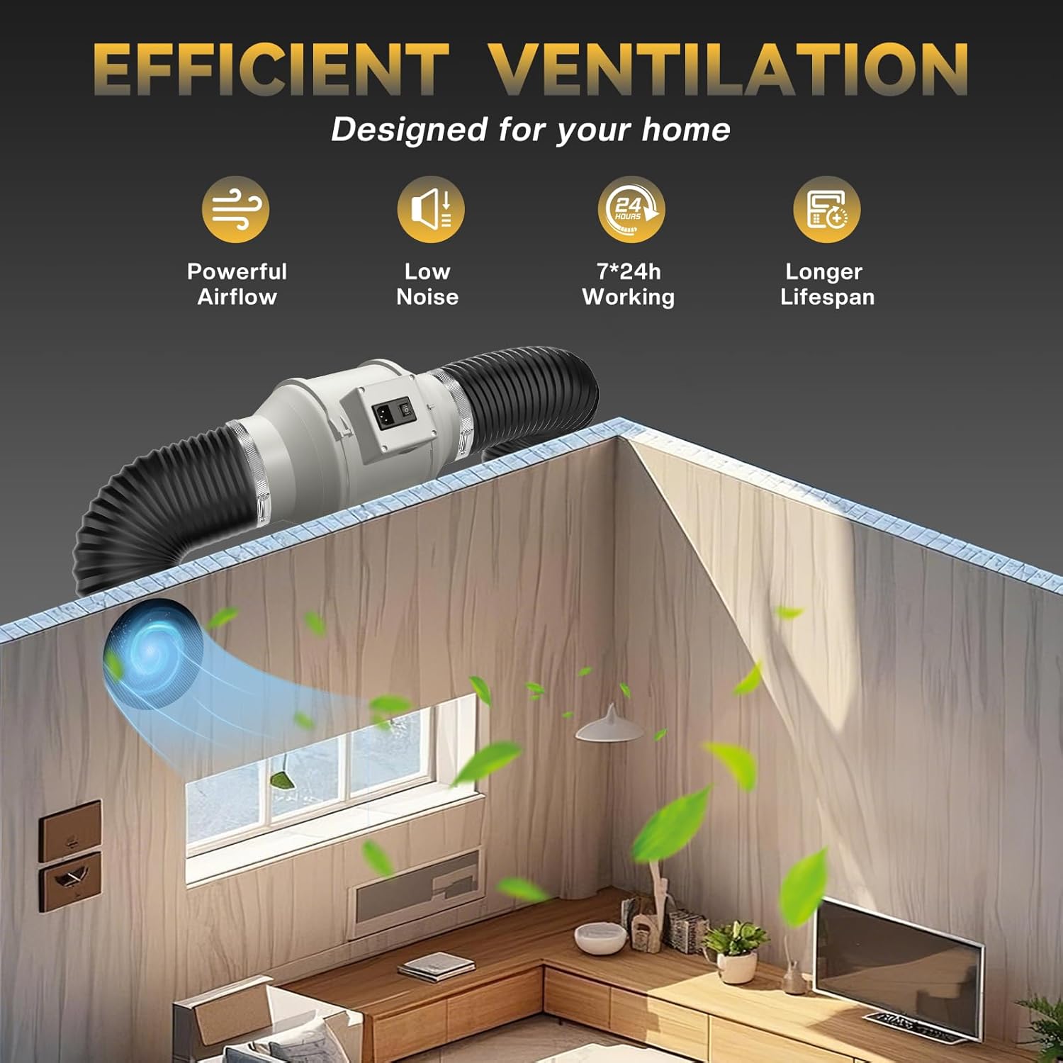 FanGoFast Flue Duct Fan 125 mm Inline Duct Fan Exhaust Fan 230 V Quiet with IEC Socket EU Plug + 1.5 m EU Power Cable for Bathroom, Office, Growth Rooms