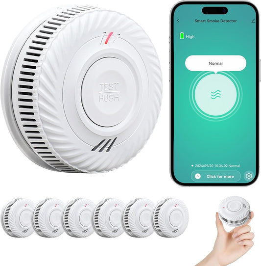 PHYSEN Smart Smoke Detector WLAN 10 Year Battery, Smoke Alarm with Photoelectric Sensor, Fire Detector Complies with TÜV Rheinland & EN14604 Certified, Compatible with Tuya/Smart Life App, Pack of 6