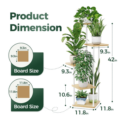 Suport plante Bamworld 5 niveluri alb metal si lemn 106.7 cm