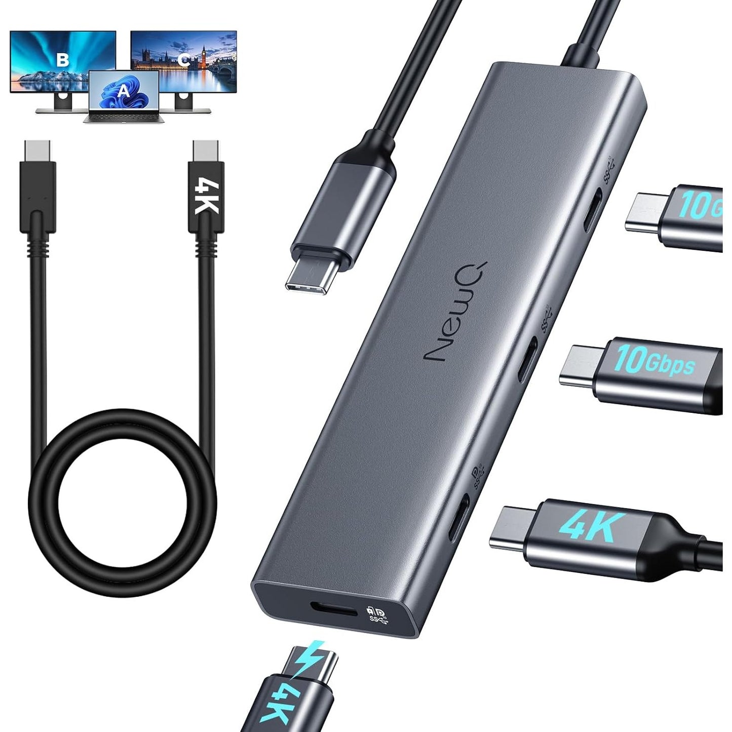USB C Video Hub NEWQ Type C Hub 3.2 Reverse Current Monitor, Dual Video Display 4K@30-60Hz, 4x USB-C 3.2 GEN2 10Gbps, Support PD 100W Max, with Video Cable