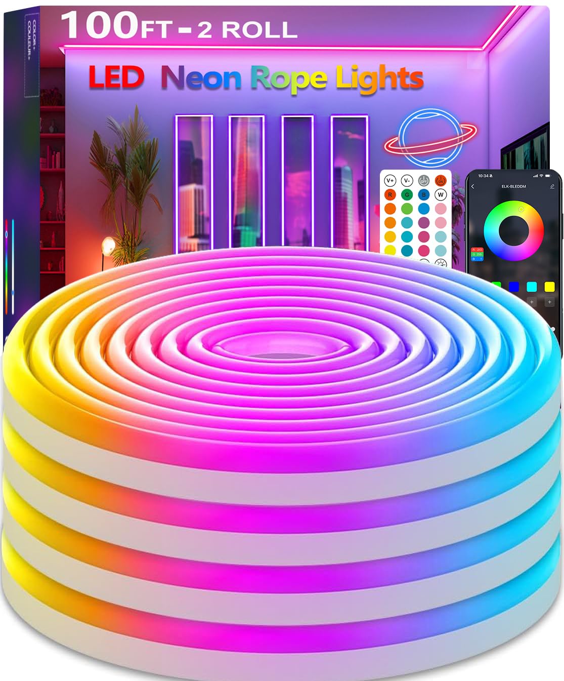 httpsmp 12M RGB Neon LED Strip Lights, Musik Sync, 24V Flexible Streifen mit App/Fernbedienung anwendbar auf Schlafzimmer, Raum & Außendekoration