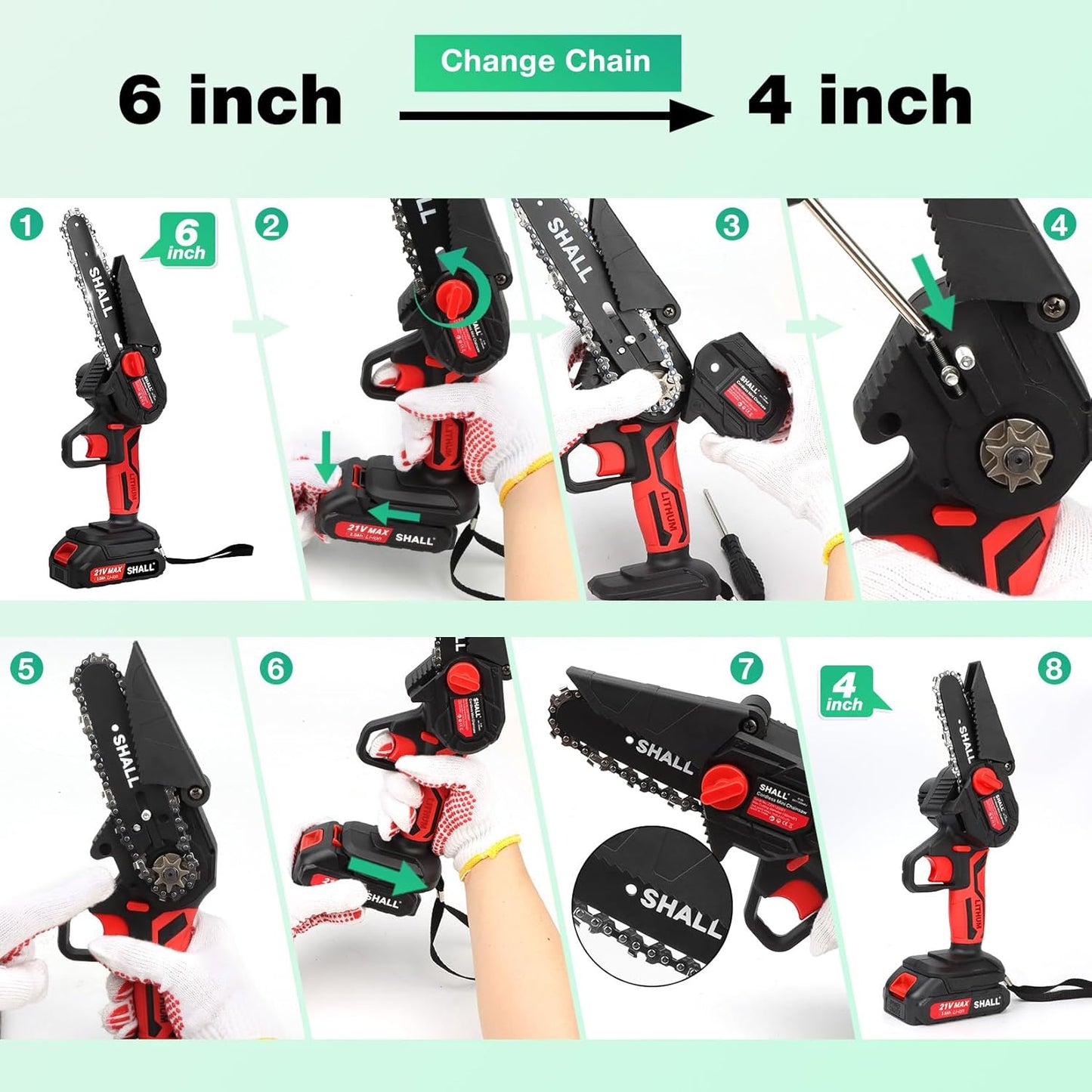 SHALL Portable Mini Chainsaw, Brushless Motor 21 Volt, 2 Fast Charge Batteries, 4 Chains, Cut Branches, Gardening, Best Choice for Husband, Dad, Wood DIY Lovers