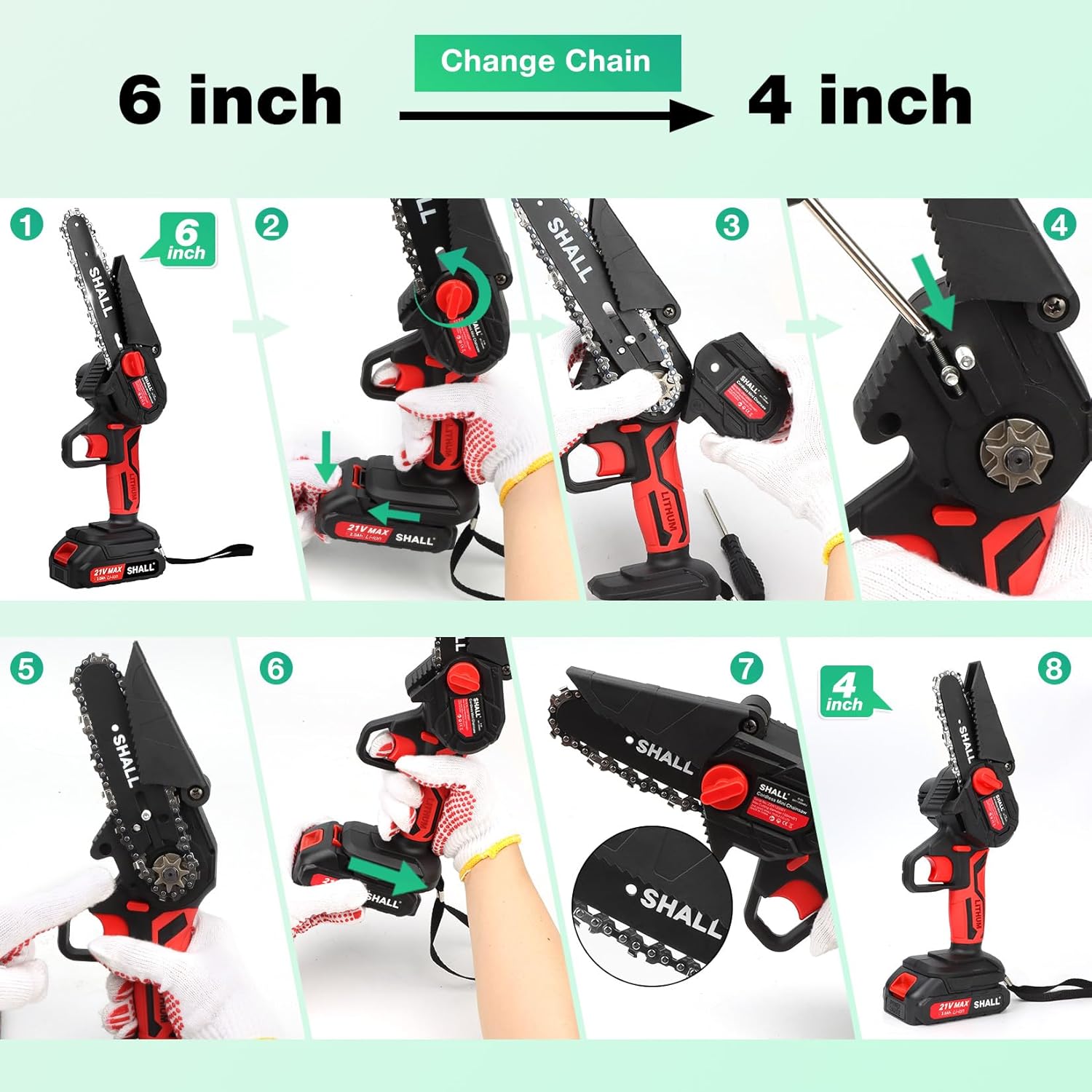 SHALL Portable Mini Chainsaw, Brushless Motor 21 Volt, 2 Fast Charge Batteries, 4 Chains, Cut Branches, Gardening, Best Choice for Husband, Dad, Wood DIY Lovers