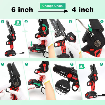 SHALL Portable Mini Chainsaw, Brushless Motor 21 Volt, 2 Fast Charge Batteries, 4 Chains, Cut Branches, Gardening, Best Choice for Husband, Dad, Wood DIY Lovers
