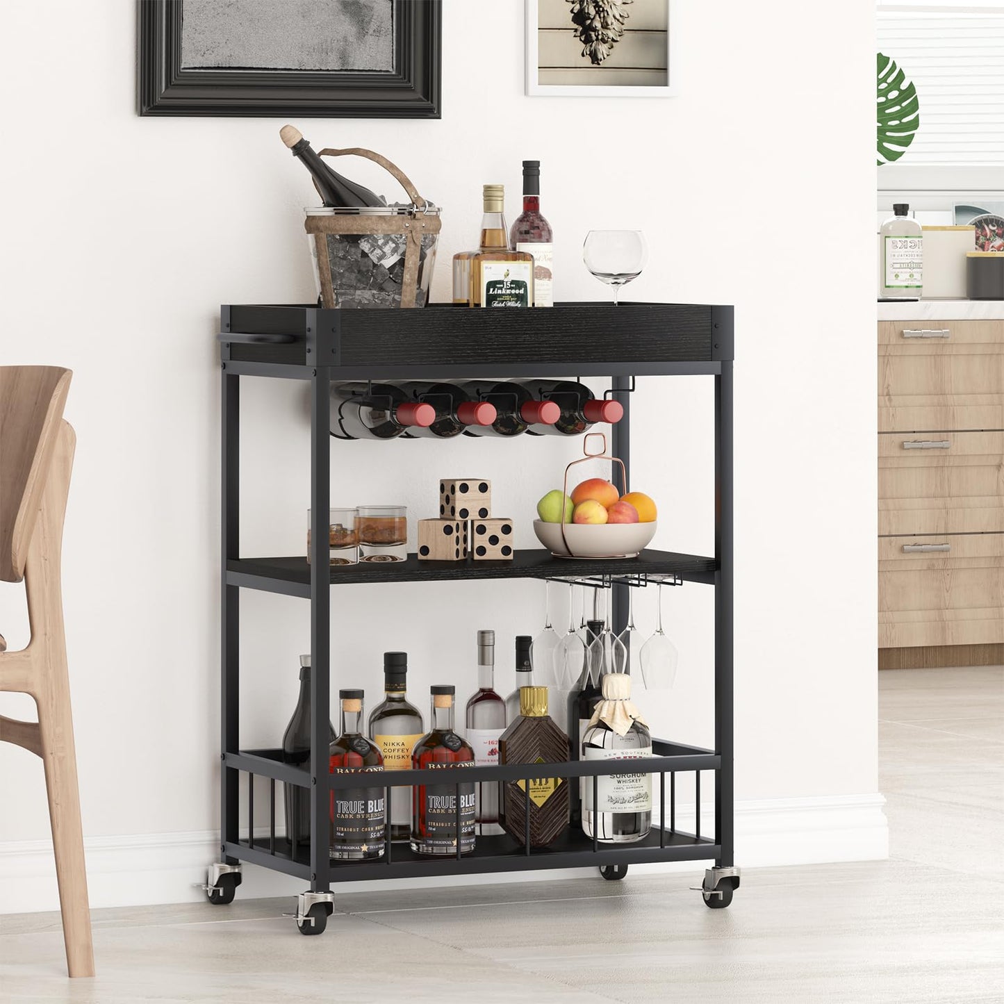 Carucior servire Huhote elegant 3 rafturi, suport sticle, negru