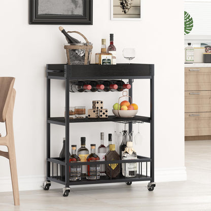 Carucior servire Huhote elegant 3 rafturi, suport sticle, negru