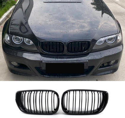 Hengjiayao E46 Kidney Black Radiator Grille for BMW 3 Series E46 4 Door 4D 2002-2005 LCI Facelift Grill Gloss Black Double Bridge Sport Grille Front (Not fit for 2 Doors) (For 3er E46 2002-2005 LCI)