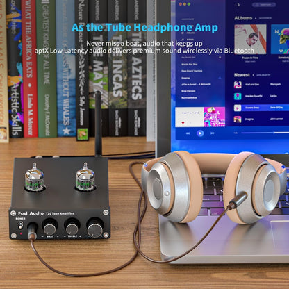 Fosi Audio T20 Bluetooth Tube Amplifier, Stereo Headphone Amplifier 2 Channel, Class D Digital Mini Hi-Fi aptX Compact Integrated Power Amp for Home Passive Speakers with 5654W Vacuum Tubes