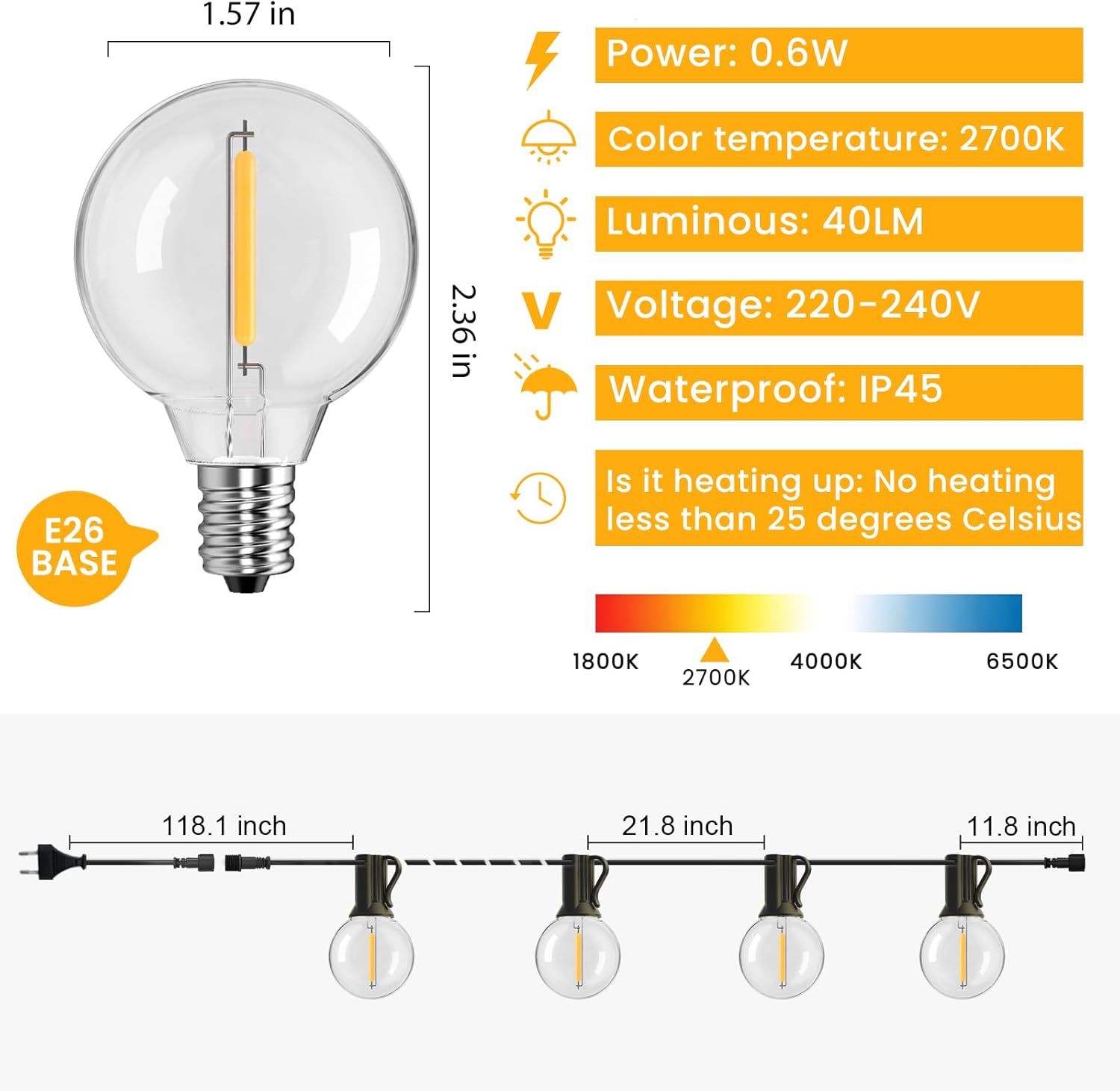 Outdoor String Lights 100FT,G40 50+2 Bulbs String Lights for Outside - 2700K Warm White, 25000H Long Life, IP45 Waterproof & Shatterproof, Mains Powered Garden Lights for Gazebo/Patio