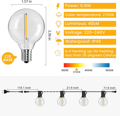 Outdoor String Lights 100FT,G40 50+2 Bulbs String Lights for Outside - 2700K Warm White, 25000H Long Life, IP45 Waterproof & Shatterproof, Mains Powered Garden Lights for Gazebo/Patio