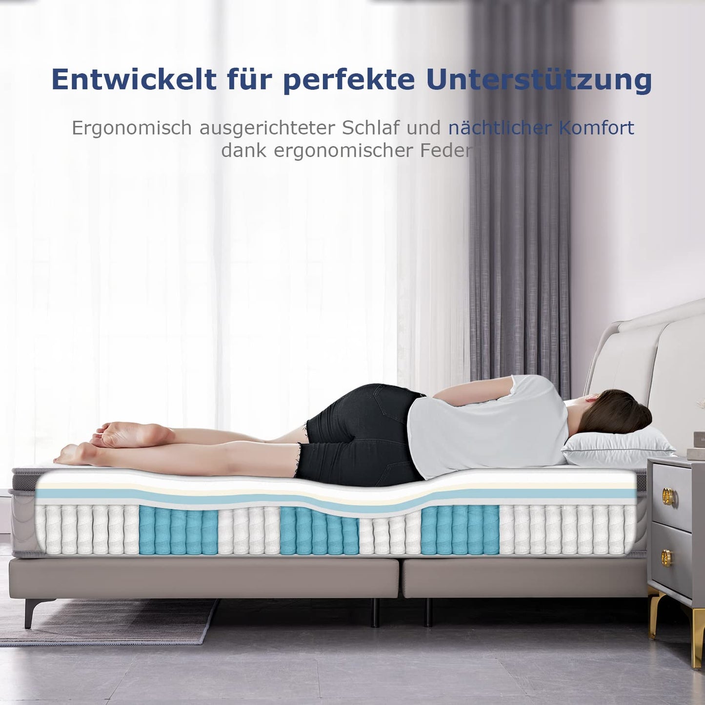 Saltea cu arcuri impachetate si spuma de memorie SuiLong 180x200cm, 7-Zone, Fermitate H3-H4