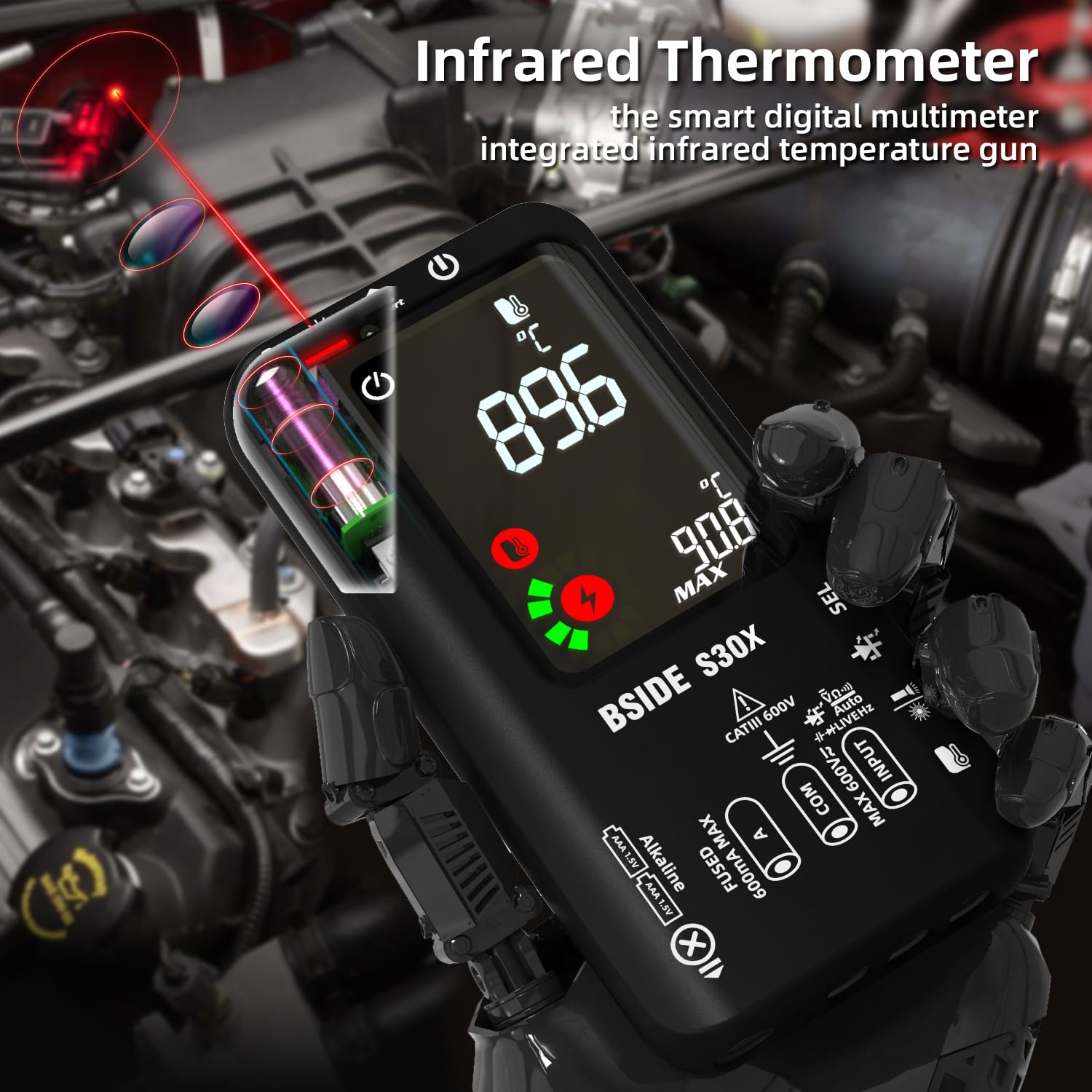 BSIDE Smart Digital Multimeter with IR Thermometer 12:1 High Voltage Diode Tester 9999 Counts Dual Powered Electrical Tester Multifunction Voltage Capacitance Meter for HVAC LED Automotive Electronic