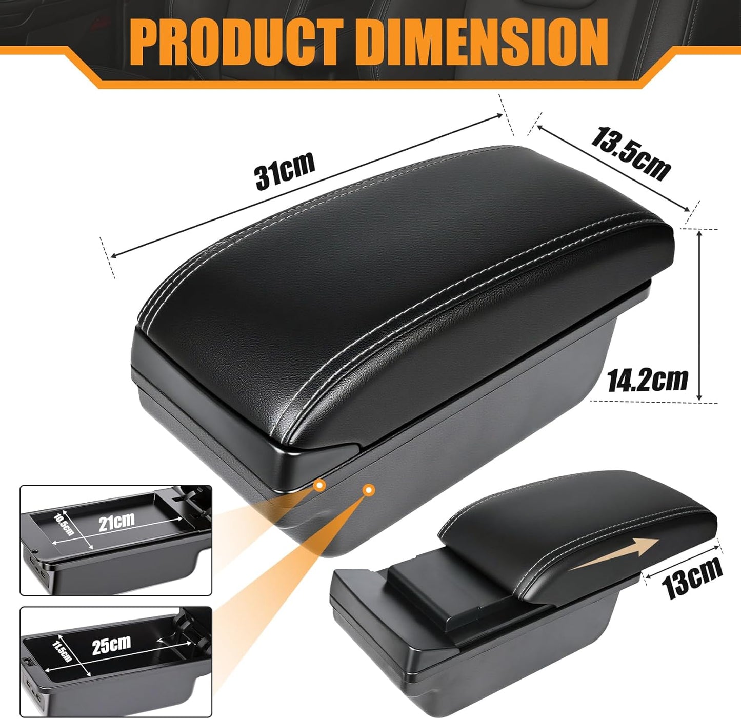 Car Accessory Armrest for Toyota Yaris Armrests 2015-2021 Double Layer Armrest Black Leather with White Lines