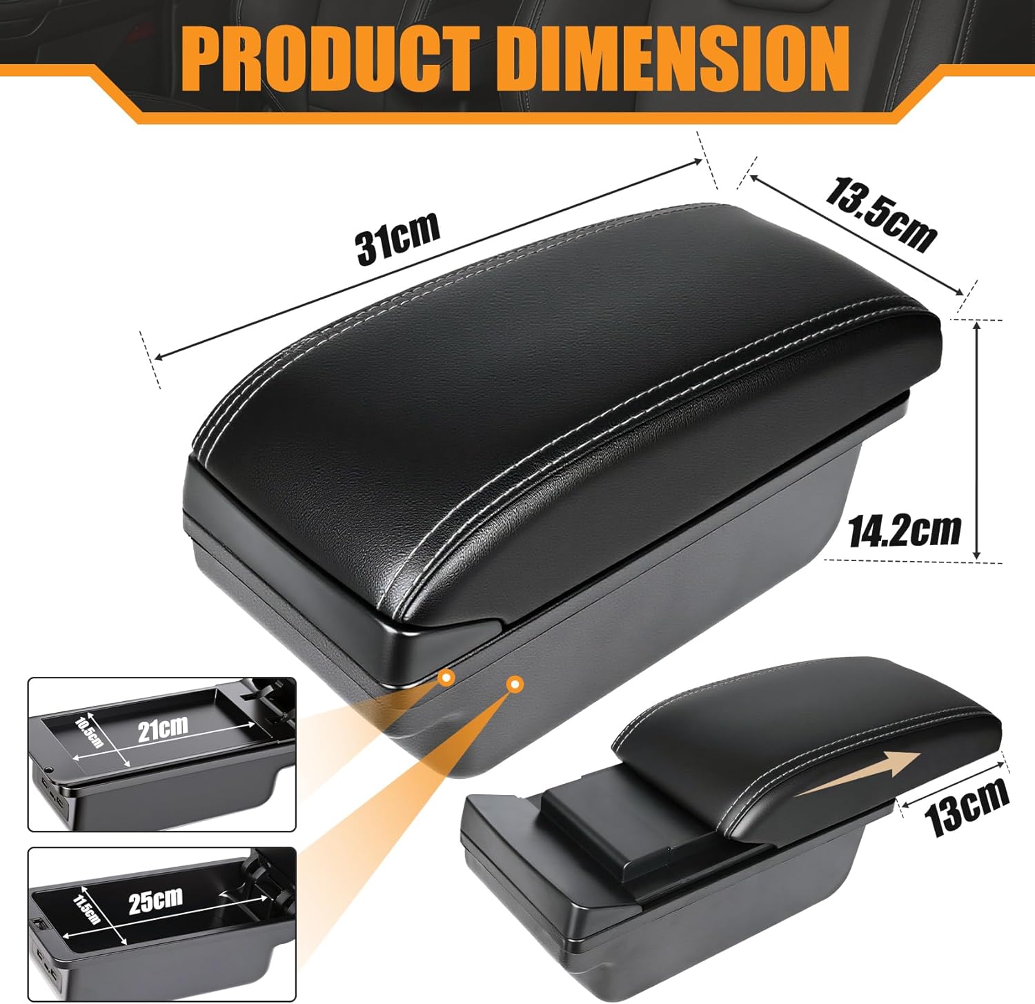 Car Accessory Armrest for Toyota Yaris Armrests 2015-2021 Double Layer Armrest Black Leather with White Lines
