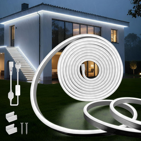 SUCIKORIO Neon LED Strip 5 m, 230 V Waterproof Fireproof IP65 Neon LED Strip White 6000 K LEDs Fairy Lights Outdoor 120 LED/M Flexible DIY Light Strip with Power Supply for Indoor Outdoor Decoration