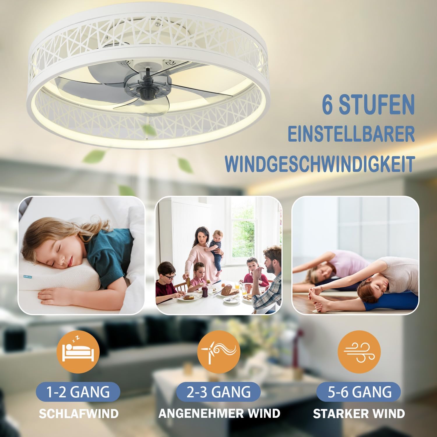 Ceiling Fan with Lighting LED 60 W Ceiling Light with Fan Modern Quiet Ceiling Light with Remote Control Dimmable 6 Speeds Lamp with Fan for Living Room Bedroom White