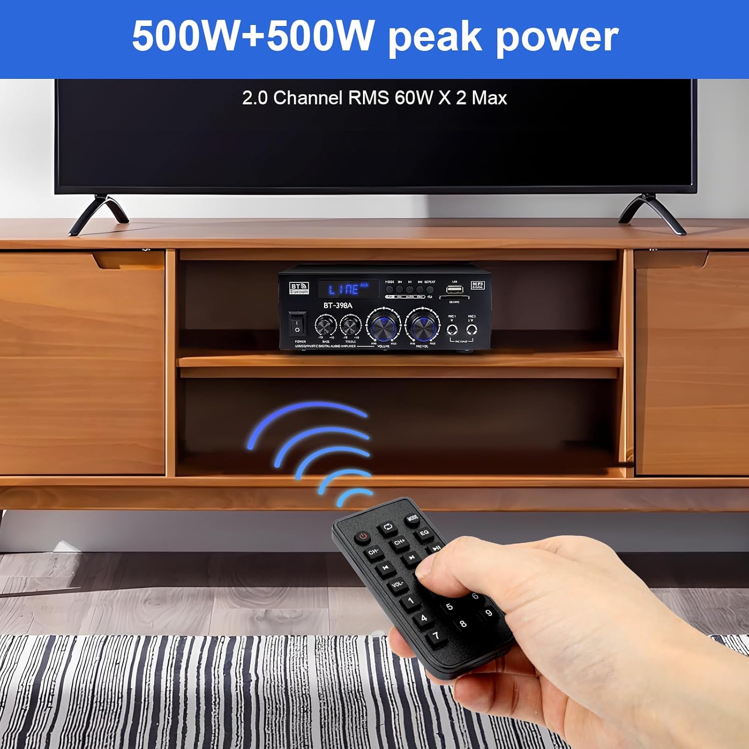 1000W Amplificateur, Bluetooth 5.3 Audio, Stéréo Audio Récepteur Ampli HiFi à 2.0 CH 60W x2 avec Bass/Treble/AUX/FM/MIC/USB, Convient pour Deux Haut-parleurs d'environ 10 Pouces, pour Ampli Voiture