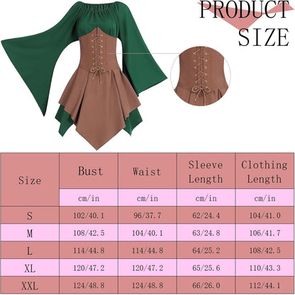 FOVER Medieval Gothic Clothing Women's Traditional Irish Dress Renaissance Green Dresses Carnival Halloween Costume Pirate Cosplay Outfit with Head Chain Flower Wreath Elf Ears Overknee Socks