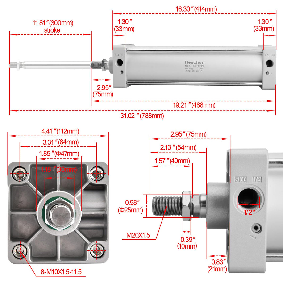 Cilindru pneumatic Heschen SC 100-300 dublu efect 100 mm