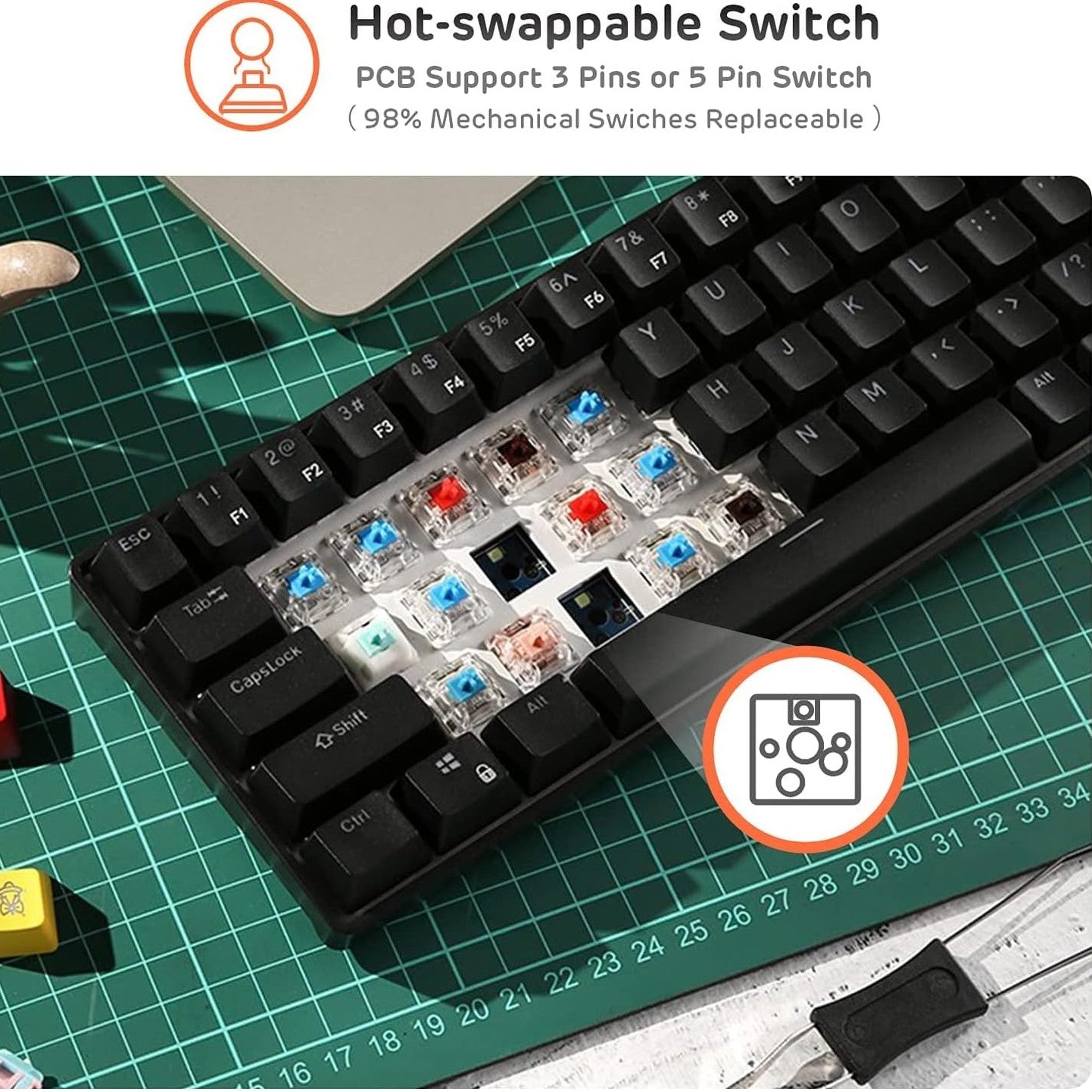 RK Royal Kludge RK61-US 2.4 GHz Wireless/Bluetooth/Wired 60% Mechanical Keyboard, 61 Keys Compact Keyboard, Hot Swappable Red Switch Gaming Keyboard with Software for Windows/Mac/Android