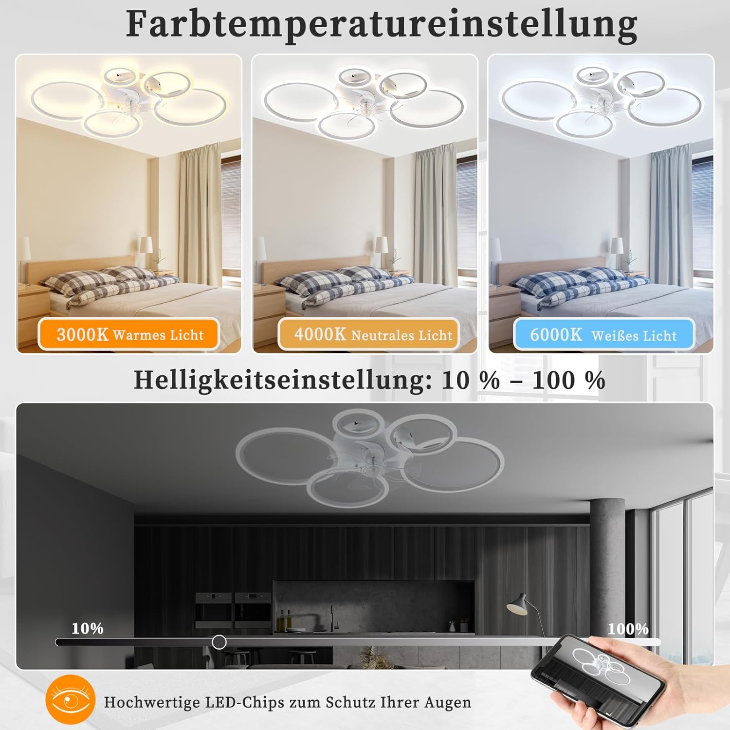 LED Ceiling Fan with Lighting, 100 cm Lamp with Fan and Remote Control App, 80 W Ceiling Light with Fan, Ceiling Fan with Light, Ceiling Fan for Bedroom, Living Room, White