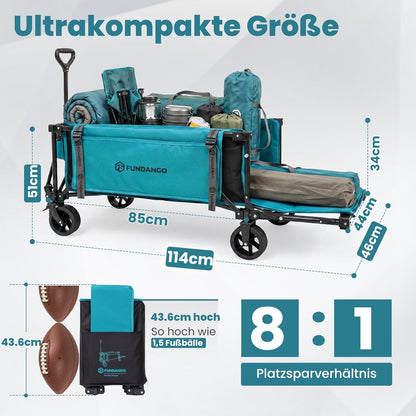 Carucior pliabil XXL FUNDANGO, 180 kg, 200 L, 114 cm, cu panou rabatabil si roti pentru toate terenurile